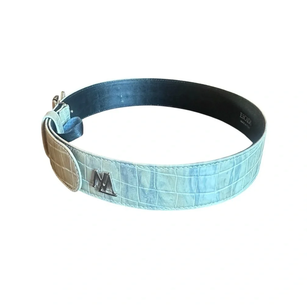 Escada Cream Embossed Belt with Silver Logo Buckle